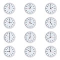 Set of round clocks with various time isolated on white background